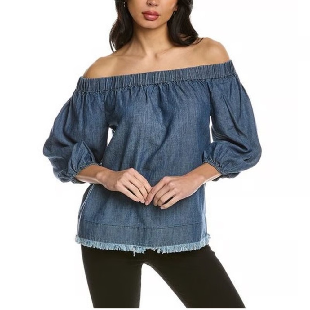 Side Stitch Brushed Cotton Blue Off Shoulder Top Sz Large Peasant CottageCore